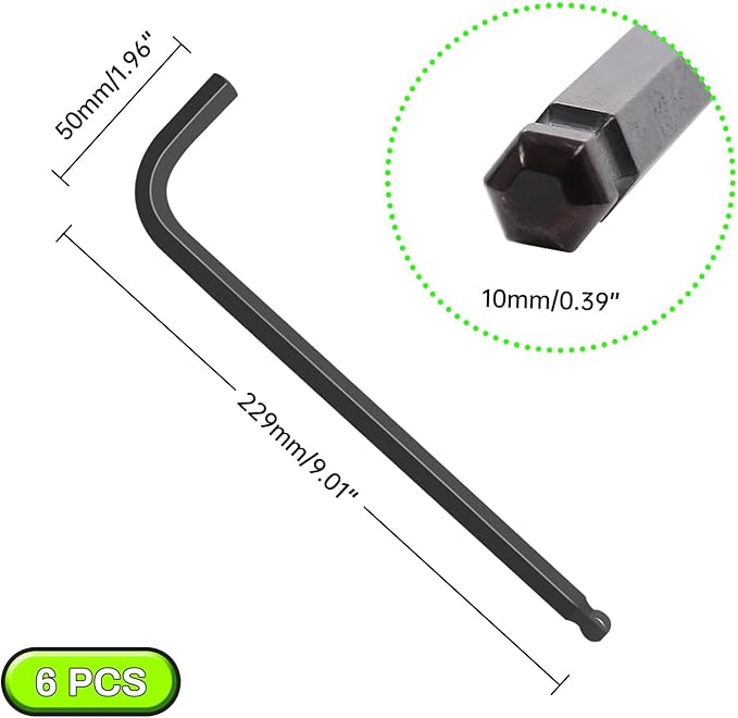 10mm Extra Long Arm Ball End Hex Key Set, 6pcs L-Shaped Allen Wrenches, CR-V Steel, Black Oxide Finish, High Torque Repairing Tool for Furniture, Bike, Equipment Maintenance
