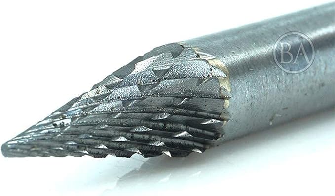 Benchmark Abrasives 6” Pointed Cone Shape Double Cut Tungsten Carbide Die Grinder Bits Metal Deburring Tool Rotary Burr, 1/4 Inch Shaft, Engraving Tool for Woodworking Shaping Carving (SM-1)
