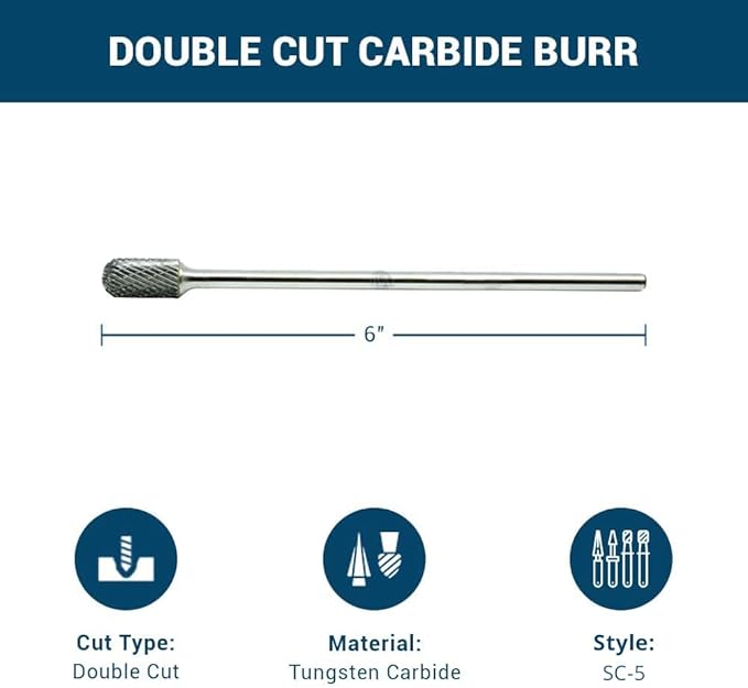 Benchmark Abrasives 6” Cylindrical Ball Nose Shape Double Cut Tungsten Carbide Die Grinder Bits Metal Deburring Tool Rotary Burr, 1/4 Inch Shaft, Engraving Tool for Woodworking Shaping Carving (SC-5)