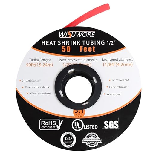 Heat Shrink Tubing, 3:1 Ratio Adhesive Lined Marine Grade Shrink Wrap Tubing,Industrial Heat Shrink Tube, Electrical Insulation Abrasion Resistant Heat Shrink Tubing,1/2 in Red,50 Feet Roll