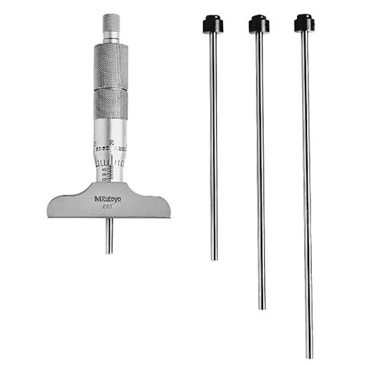Mitutoyo 129-127CAL Depth Micrometer with Calibration, Inch, Ratchet Stop, 2.5 x 0.63" Base, 0-4" Range, 0.001" Graduations, +/-0.00015" Accuracy