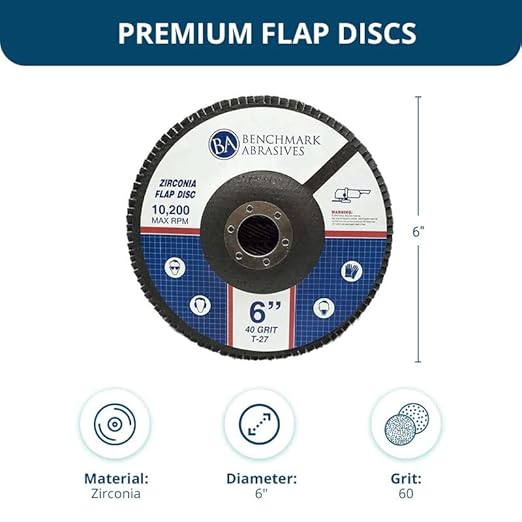Benchmark Abrasives 6" x 7/8" Premium High Density Jumbo Zirconia Type 27 Flap Discs for Angle Grinder, 6 Inch Sanding Discs, Finishing, Deburring, Rust Removal - (10 Pack) 60 Grit