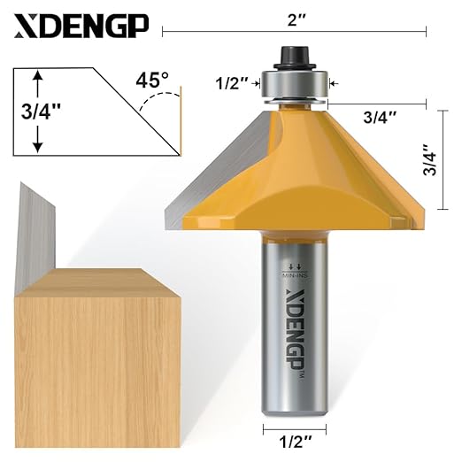 45 Degree Chamfer Router Bit with 3/4 Inch Cutting Length,1/2 Inch Shank Carbide Edge Forming Bevel Router Bit with Bearing, Chamfer Bit Miter Angle Milling Cutters Tool