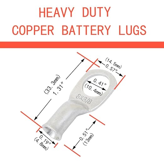 10pcs 8 AWG 3/8" Stud Copper Ring Terminals Battery Cable Ends Wire Lugs 8 Gauge Battery Cable Lugs Heavy Duty Cable Lugs Bare Copper Eyelets Tubular 8 Gauge Ring Terminal Connectors