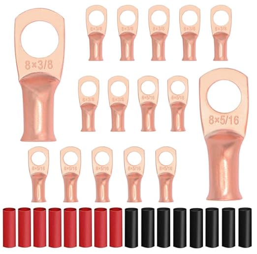 8Pcs 8 AWG 3/8" Stud and 8Pcs 8 AWG 5/16" Stud Heavy Duty Copper Wire Lugs with 16Pcs Heat Shrink Tubing 8 Gauge Ring Terminals 8 AWG Battery Cable Ends Bare Copper Eyelets
