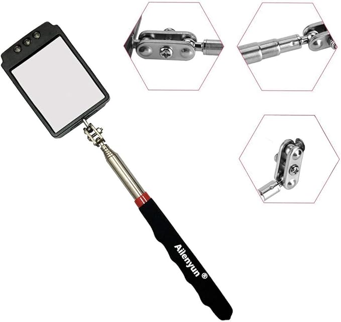 Telescopic inspection mirror with light large telescoping led 360 Inspection Rotating lamp automotive mechanic repair reversing on a stick extendable hand handle car extra held vehicle extended