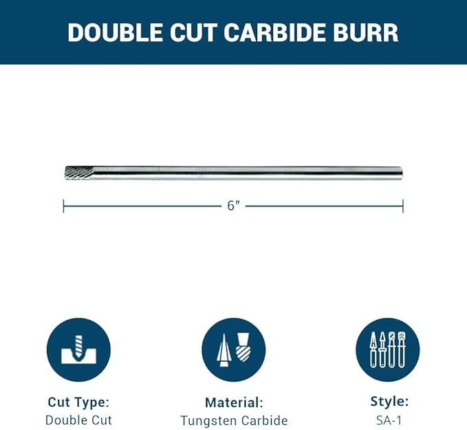Benchmark Abrasives 6” Cylinder Shape Double Cut Tungsten Carbide Die Grinder Bits Metal Deburring Tool Rotary Burr, 1/4 Inch Shaft, Engraving Tool for Woodworking Shaping Carving (SA-1)