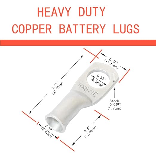 8Pcs 8 AWG 3/8" Stud and 8Pcs 8 AWG 5/16" Stud Heavy Duty Tinned Copper Wire Lugs with 16Pcs Heat Shrink Tubing Ring Terminals 8 Gauge Battery Cable Ends Bare Copper Eyelets