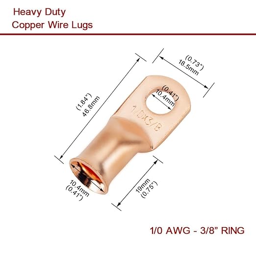 10Pcs 1/0 AWG 3/8" Stud Heavy Duty Copper Wire Lugs 1/0 Gauge Ring Terminals Battery Cable Ends Bare Copper Eyelets Tubular Ring Terminal for Car Boat Marine