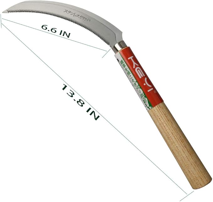 KEYI EYI Grass Sickle,Saw Tooth Sickle, Hand held Sickle Tool,Harvest Sickle with Wooden Handle, Light Serration, 6.6-Inch Stainless Steel Blade