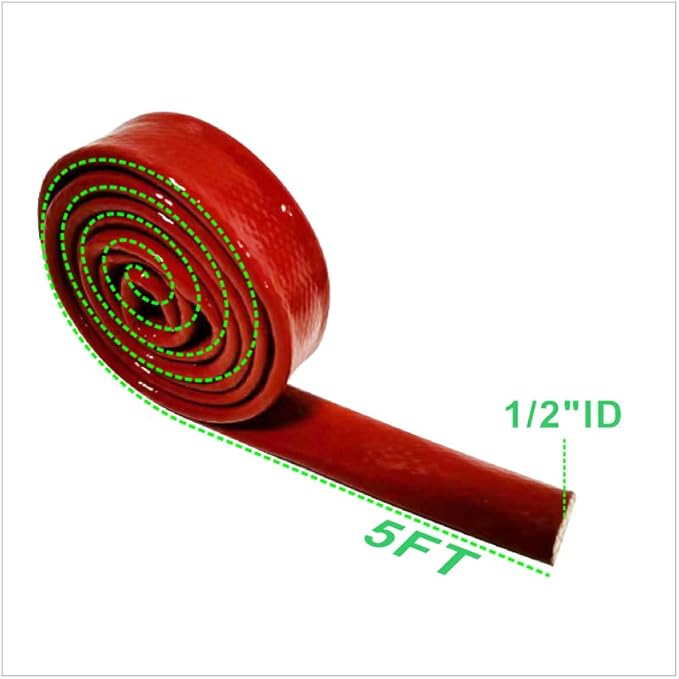 Insulation Heat Shielded Fire Thermo Armor Fire Sleeve Silicone Coated Fiberglass Heat Protection for Automotive Hose Lines & Electrical Wiring-（Red 1/2" ID x5FT）