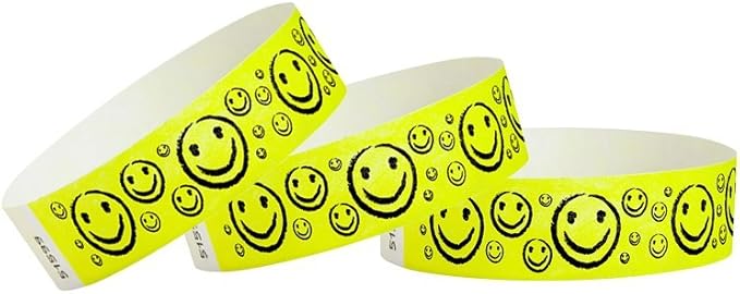 500 WristCo Yellow Smiley Face Tyvek Wristbands for Events - ¾” x 10” - Waterproof Recyclable Comfortable Tear Resistant Paper Bracelets Wrist Bands for Concerts Festivals Admission Party