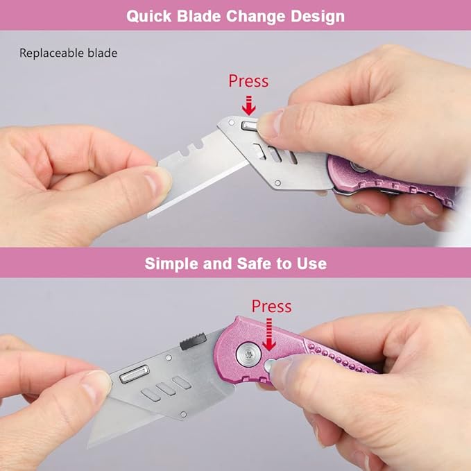 Vickay Box Cutter Utility Knife Heavy Duty with 5 SK5 Quick Change Blades, Safety Axis Lock Design Razor Knife, Lightweight Aluminum Body Belt Clip for Office (Pink)