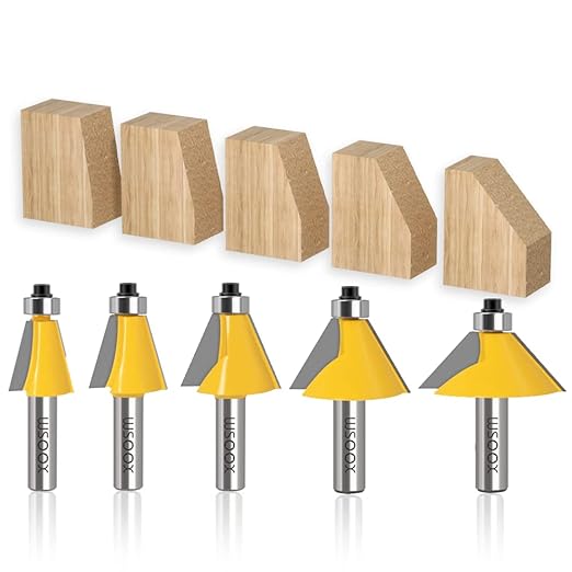 WSOOX 5PCS Chamfer Router Bits with 1/2" Shank Bevel Edge Forming Router bits (11.25°,15°,22.5°,30°,45°.)