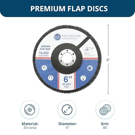 Benchmark Abrasives 6" x 7/8" Premium High Density Jumbo Zirconia Type 27 Flap Discs for Angle Grinder, 6 Inch Sanding Discs, Finishing, Deburring, Rust Removal - (10 Pack) 80 Grit