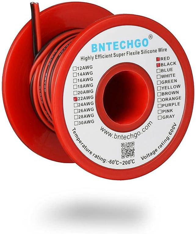 BNTECHGO 22 Gauge Flexible 2 Conductor Parallel Silicone Wire Spool Red Black High Resistant 200 deg C 600V for Single Color LED Strip Extension Cable Cord,Model,25ft Stranded Tinned Copper Wire