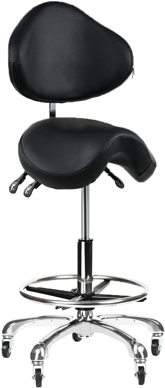 Saddle Stool Rolling Chair Tall with Backrest Foot Rest Hydraulic Swivel Adjustable Height Ergonomic Tilt Thick Seat with Casters for Dental Hygienist Eyelash Technician Hairstylist Black