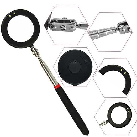 Telescoping Inspection Circular 360 Mirror with 2 LED Light Mirror and Mirror on a Stick and Extendable Mechanic Tool for Automotive Flexible Circular Mirror Diabetic Mirror for feet