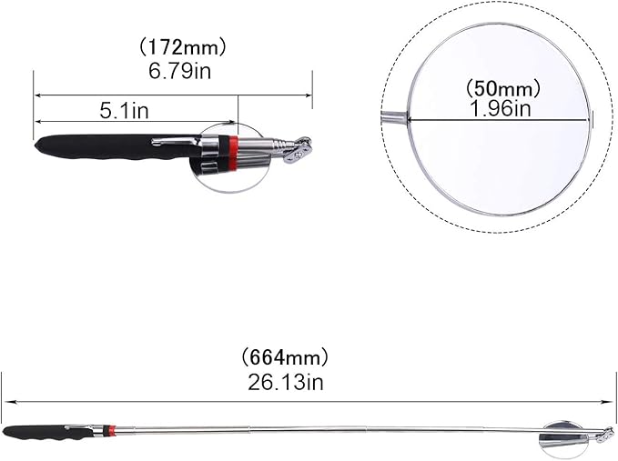 Telescopic Inspection 360 ° Mirror Kit with Light - Rectangular & Round extendable Mirrors ，Inspection Light- 34" Extended - 2 Pack