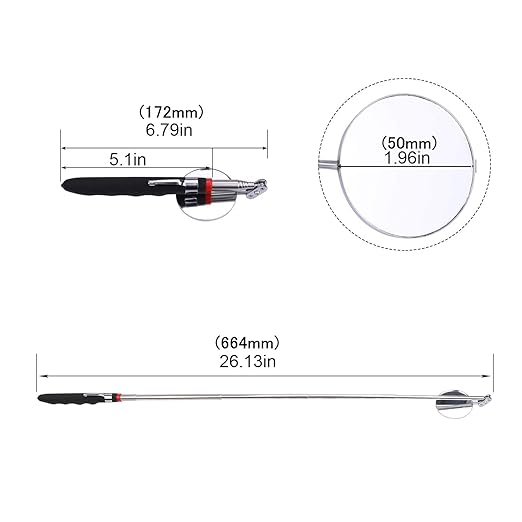 Telescoping Inspection Circular Mirror with 2 LED Light and Mirror on a Stick and Extendable Mechanic Tool for Automotive,50mm Circular Mirror 360 Swivel for Extra Viewing