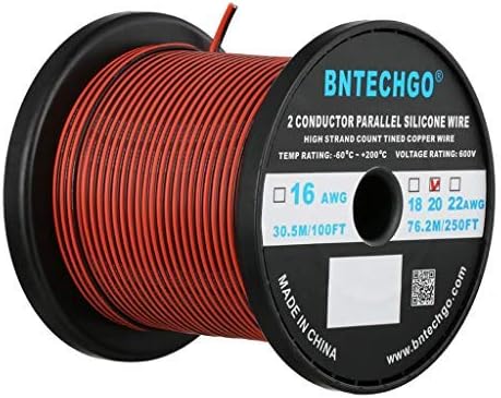BNTECHGO 20 Gauge Flexible 2 Conductor Parallel Silicone Wire Spool Red Black High Resistant 200 deg C 600V for Single Color LED Strip Extension Cable Cord,Model,250ft Stranded Tinned Copper Wire