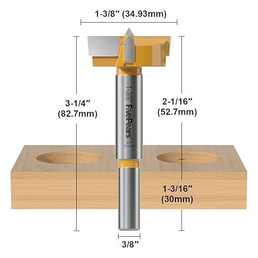 FivePears Forstner Drill Bit 3/8 inch Shank, 1-3/8 inch Cutting Diameter, Carbide Tipped Wood Hole Saw Auger Opener, Hole Opener Hinge Hole Cutter for Woodworking, Plastic, Plywood Products