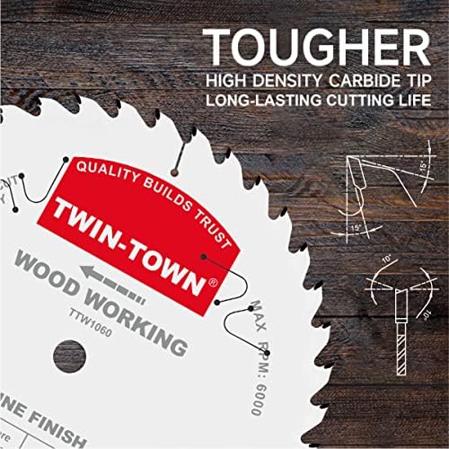 TWIN-TOWN 10-Inch 60-Tooth ATB Fine Finish Wood Cutting Circular Saw Blade, 5/8 Inch Arbor, Compatible with Table and Miter Saws, Premium Quality Woodworking Saw Blade