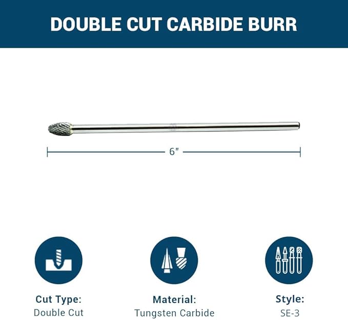 Benchmark Abrasives 6” Oval/Egg Shape Double Cut Tungsten Carbide Die Grinder Bits Metal Deburring Tool Rotary Burr, 1/4 Inch Shaft, Engraving Tool for Woodworking Shaping Carving (SE-3)