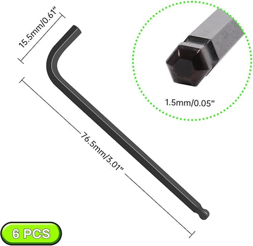 1.5mm Ball End Hex Key Set, 6pcs L-Shaped Allen Wrenches Long Arm, CR-V Steel, Black Oxide Finish, High Torque Repairing Tool for Furniture, Bike, Equipment Maintenance