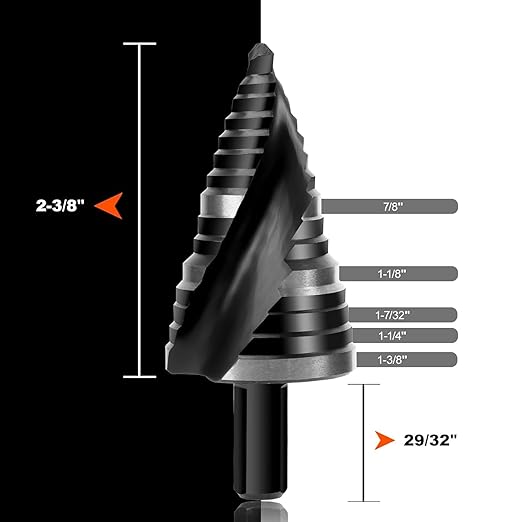 COMOWARE Step Drill Bit, 12 Sizes from 1/4" to 1-3/8", High Speed Steel Step Bit with 2 Spiral Flutes, 3-Flat Shank, Steps Bits for Metal, Aluminum/Wood/Plastic/Iron, Unibit for Electricians & DIY