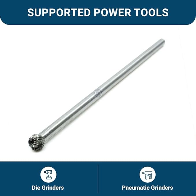 Benchmark Abrasives 6” Ball Shape Double Cut Tungsten Carbide Die Grinder Bits Metal Deburring Tool Rotary Burr, 1/4 Inch Shaft, Engraving Tool for Woodworking Shaping Carving (SD-3)