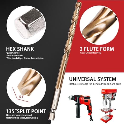 13 Pcs Titanium Coated Twist Hex Shank Drill Bit Set, 135 Degree Tip HSS Impact Drill Bit Set with Storage Case for Metal, Aluminum, Steel, Wood, Plastic, Quick Change Design 1/16" to 1/4"