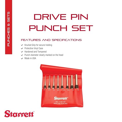Starrett Drive Pin Punch Set with Knurled Grip and Protective Vinyl Case - 4" Length, 1/16", 3/32", 1/8", 5/32", 3/16", 7/32", 1/4", 5/16" Punch Diameter - Set of 8 - S565PC