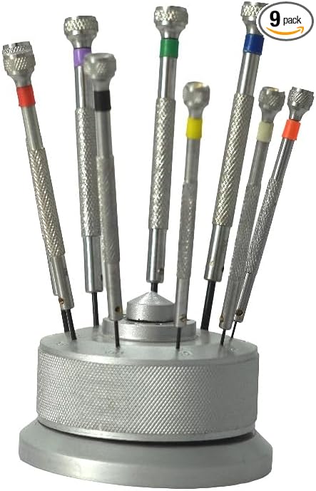 9-Piece Watchmaker Screwdriver Set with Revolving Stand & Extra Blades - Precision Screwdriver Set for Watch Repair, Jewelry, and Electronics, Includes Sizes 0.5mm to 2.5mm