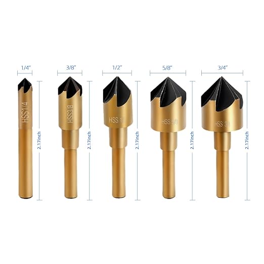 Aleric Countersink Drill Bit Set, High Speed Steel Counter Sinker Drill Bit 5Pcs 5 Flute 6mm Hex Shank with 82 Degree Mill Cutter Bit Countersink Bits for Wood Metal in Size 1/4” 3/8” 1/2” 5/8” 3/4”