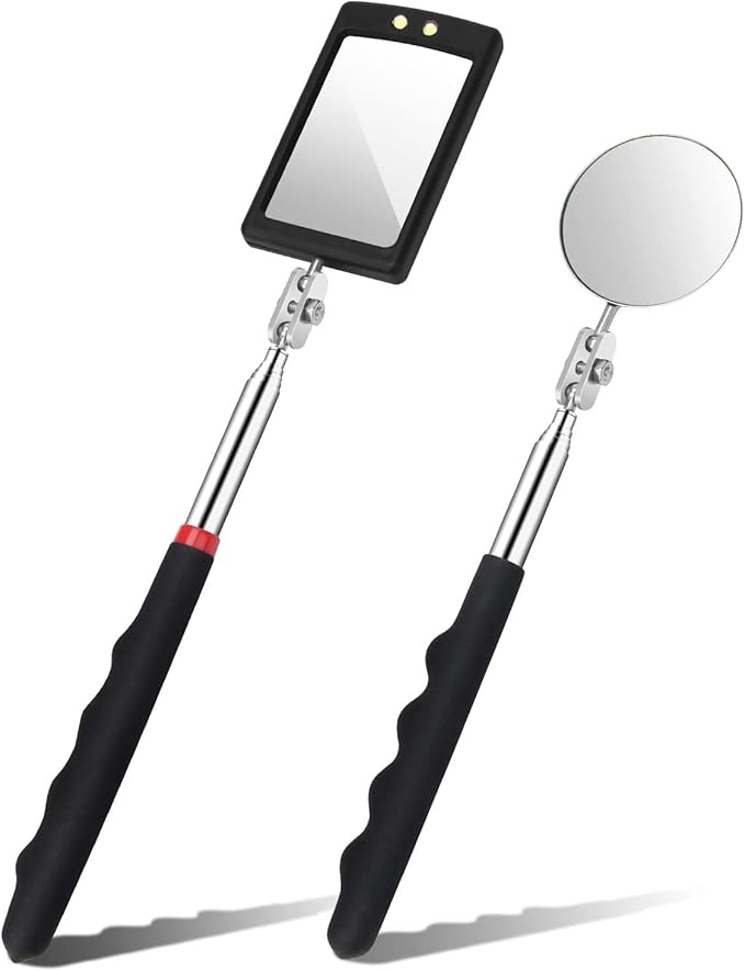 2 Pieces Telescoping Inspection Mirror, Round and Square LED Lighted Flexible Tool for Checking Vehicle, Mechanic Automotive Mirror