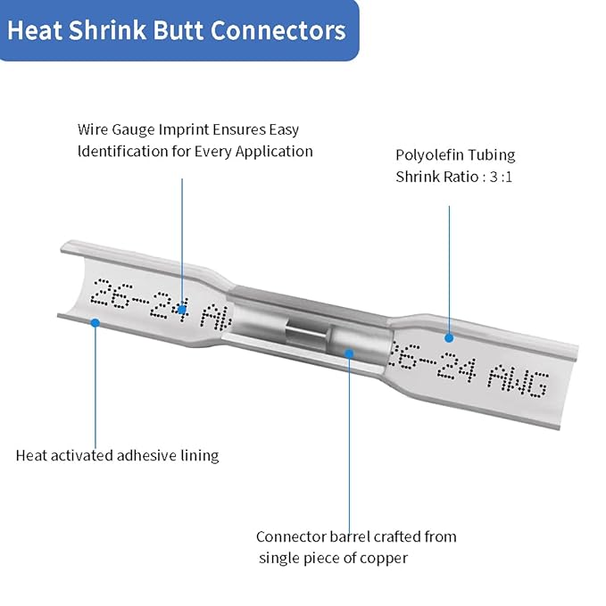Heat Shrink Butt Connectors, 26-24 AWG Marine Grade Insulated Crimp Wire Connectors, Waterproof Electrical Connectors Butt Splice for Boat Truck Wiring