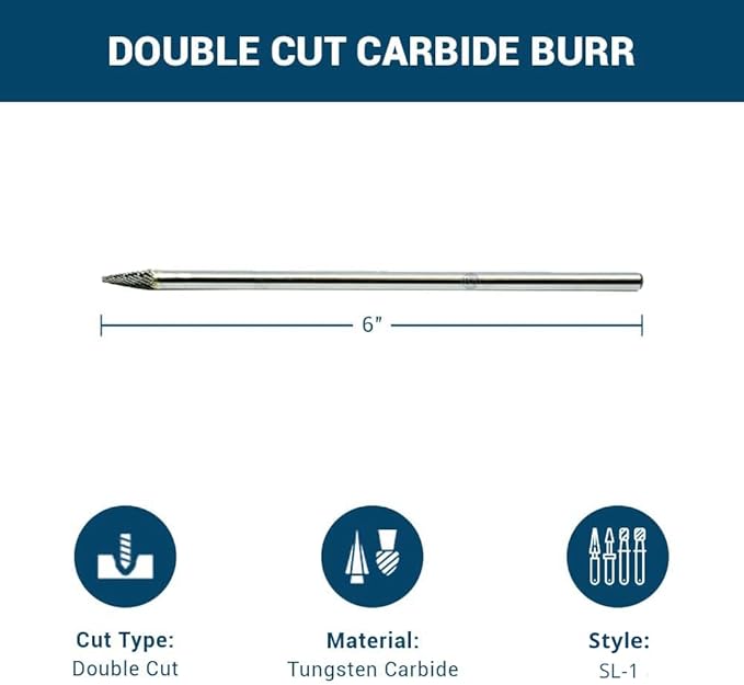 Benchmark Abrasives 6” Taper Shape Radius Double Cut Tungsten Carbide Die Grinder Bits Metal Deburring Tool Rotary Burr, 1/4 Inch Shaft, Engraving Tool for Woodworking Shaping Carving (SL-1)