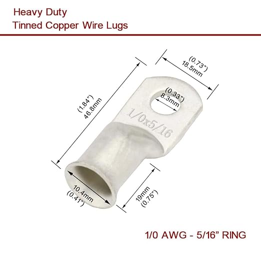 Heavy Duty Tinned Copper Wire Lugs with Studs (1/0 AWG, 3/8" & 5/16"), Heat Shrink Tubing, Battery Cable Ends, Bare Copper Eyelets
