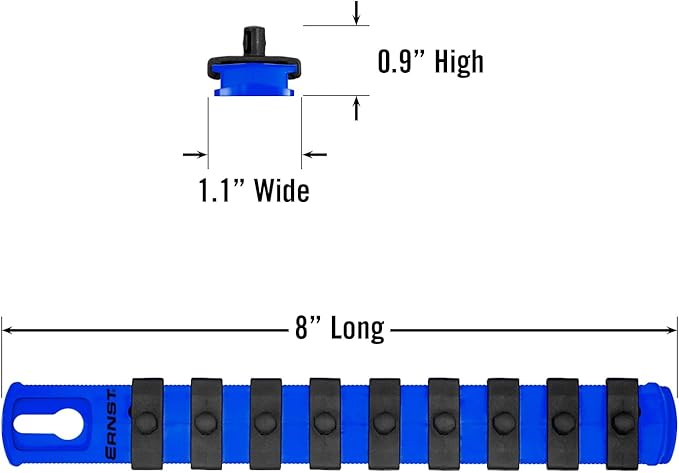Ernst Manufacturing 8-Inch Magnetic Socket Organizer with 9 Twist Lock Clips, 1/4 Drive | Toolbox Organizer | Strong Magnetic Mounts | SAE or Metric Sockets | Made in USA |Blue