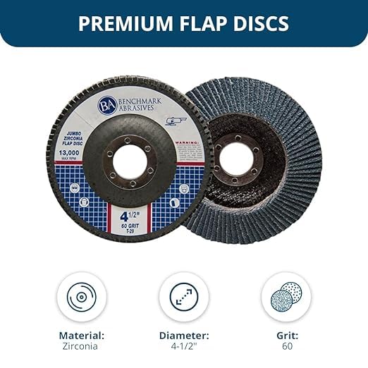 Benchmark Abrasives 4.5" x 7/8" Premium High Density Jumbo Zirconia Type 29 Flap Discs 4 1/2 for Angle Grinder, Sanding Discs, Finishing - Grinding Wheels 4 1/2 Inch (10 Pack) - 60 Grit