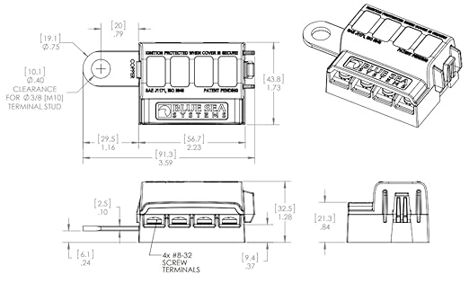Blue Sea Systems 5023 ST Blade Battery Terminal Fuse Block 4 Way Circuit with Cover, 100 Amps
