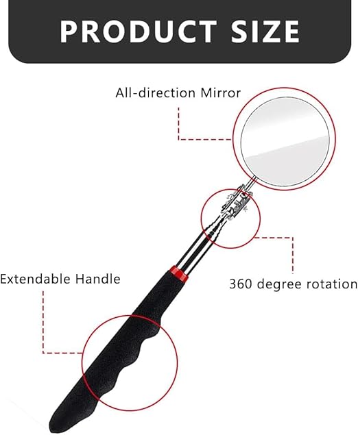 6 Pcs Extended Handle Telescopic Mirror Set - Car Inspection Mirror, 50mm Diameter, Round Handle, 360-Degree Rotation, Stainless Steel Universal Folding Telescopic Round Mirror (Black)