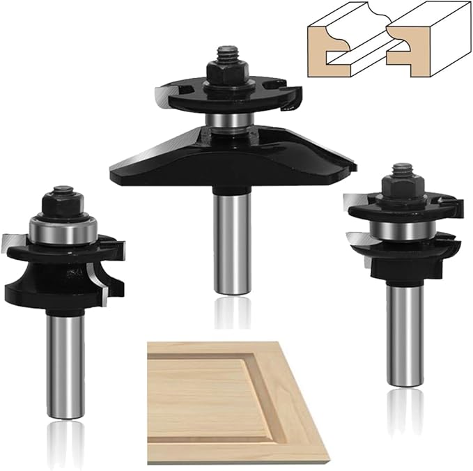 LEATBUY 1/2 Inch Shank Router Bit Set 3 PCS Round Over Raised Panel Cabinet Door Rail and Stile Router Bits, Woodworking Wood Cutter, Wood Groove Tongue Milling Tool(1/2-double)