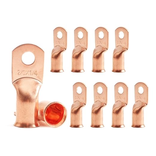 10Pcs 2/0 AWG 1/4" Stud Heavy Duty Copper Wire Lugs 2/0 Gauge Copper Ring Terminals Battery Cable Ends Bare Copper Eyelets Tubular Ring Terminal for Car Boat Marine