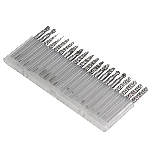 20pcs Solid Carbide Burr Set 0.118‘’（3mm）shank Tungsten Carbide Rotary Files Burrs with 3mm Cutting Head diameter Fits Most Rotary Drill Die Grinder for Woodworking,Engraving,Drilling,Carving