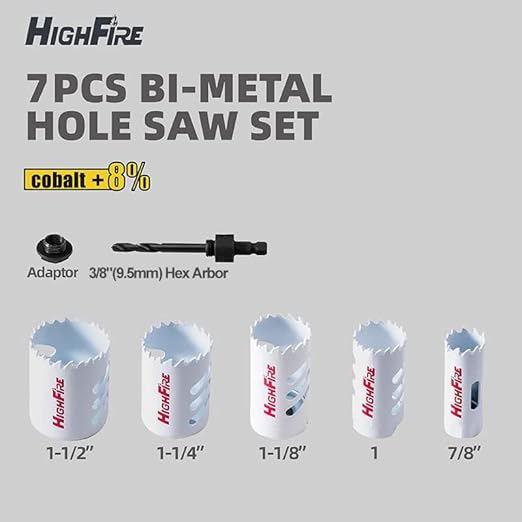 HIGHFIRE Bi-Metal Hole Saw Kit, 7-Piece Hole Saw Set 7/8",1",1-1/8",1-1/4" and 1-1/2" Hole Saw with Mandrels for Metal, Wood, Plastic, PVC and Drywall
