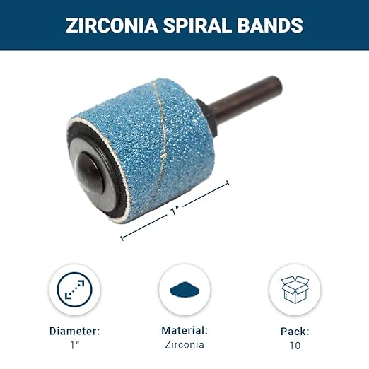 Benchmark Abrasives 1” x 1” Zirconia Sanding Bands, Spiral Bands Rotary Sander Attachment for Drill & Die Grinder, Metal Polishing Sanders for Woodworking - Sander Tool (10 Pack), 36 Grit