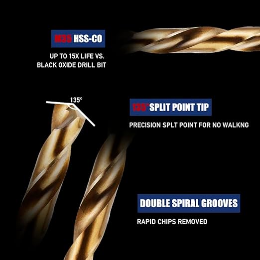 12pcs 1/4" Cobalt Drill Bit Set, M35 HSS, 135 Degree Tip, M35 Jobber Drill Bits for Metal, Stainless Steel, Cast Iron, Wood, Plastic, Fully Ground from Pro Edge Technology