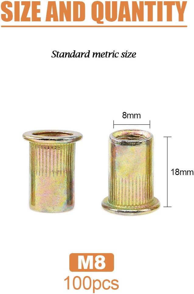 Keadic 100Pcs M8 Rivet Nuts Metric Zinc Plated Rivet Nut Carbon Steel Rivet Nut Flat Head Threaded Insert Kit Threaded Rivet Insert Nutsert Rivnuts Kit for Furniture